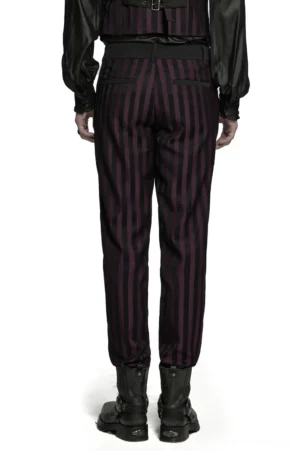 Black burgundy vertical stripe slim fit gothic trousers rear view male model full body