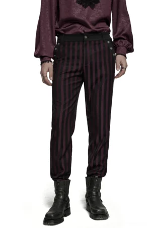 Black and burgundy striped slim gothic trousers front view on male model full body