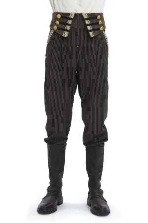 Gothic striped high-waist trousers front full view with gold button accents and lace-up details