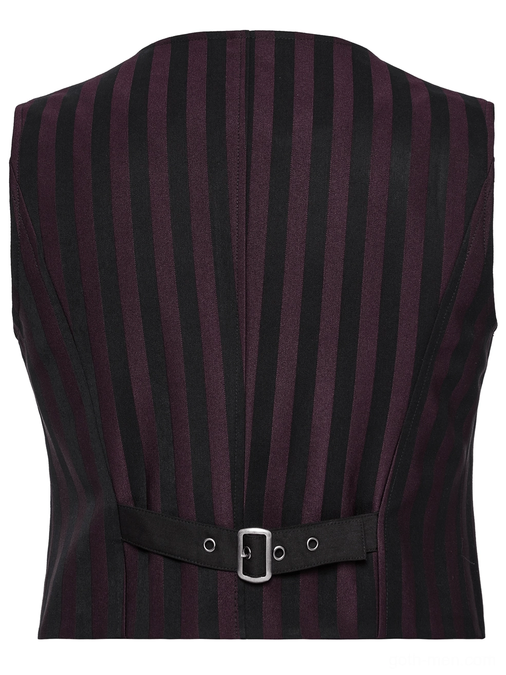 Black striped gothic waistcoat rear flat lay view displaying adjustable back belt, tailored silhouette, and stripe detailing