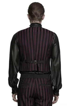 Black striped gothic waistcoat rear view showing adjustable back buckle strap and satin sleeves