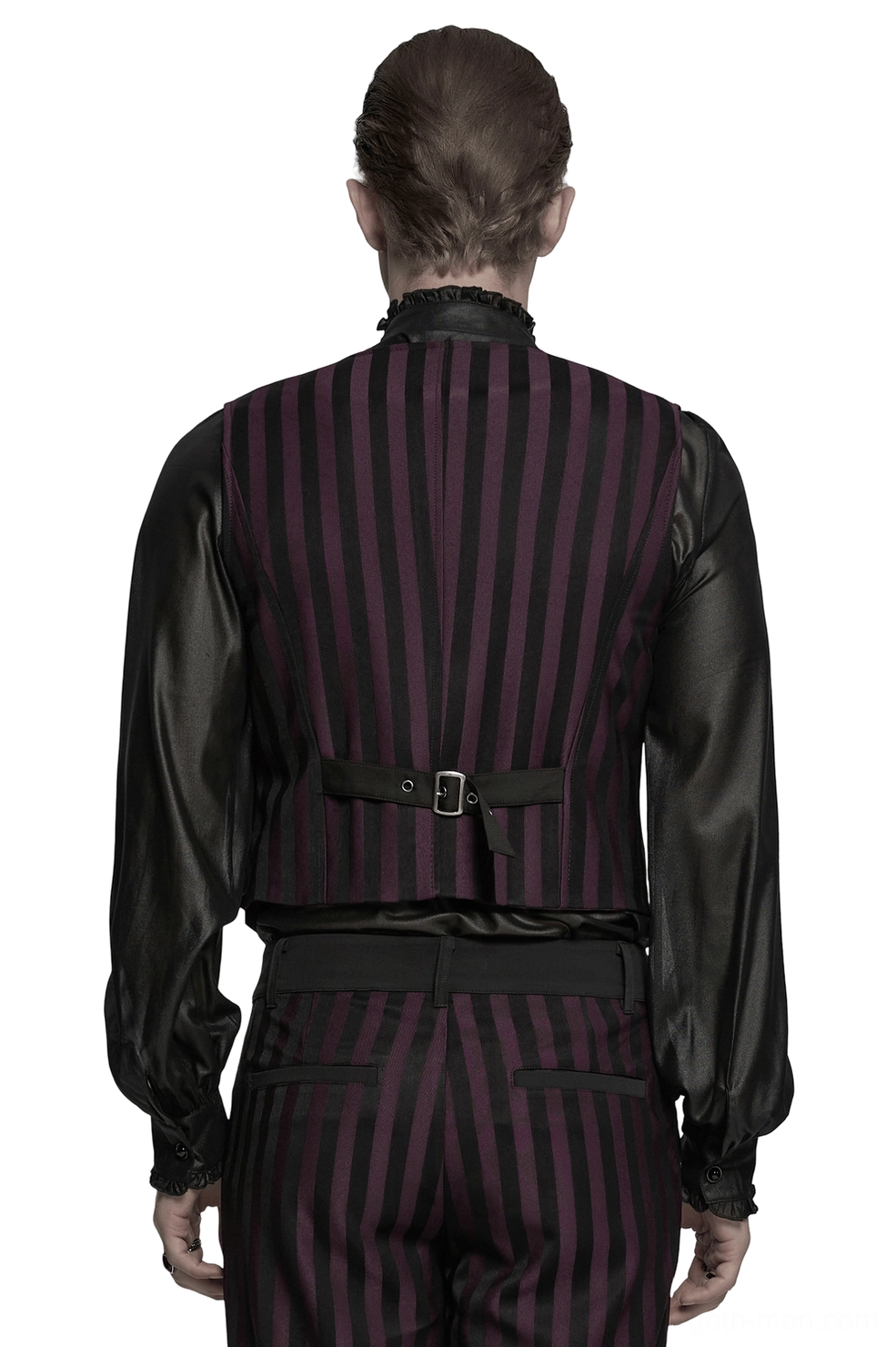 Black striped gothic waistcoat rear view showing adjustable back buckle strap and satin sleeves