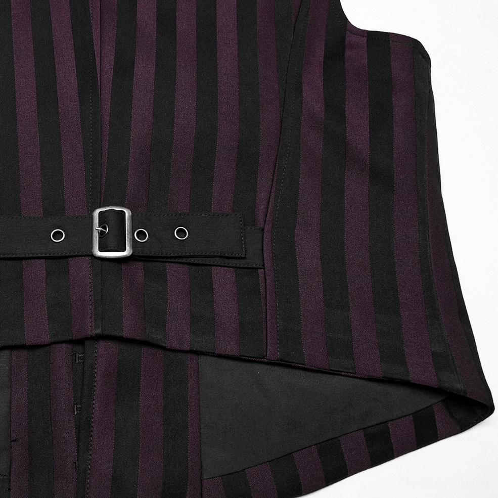 Close-up of black striped gothic waistcoat rear showing metal adjustable buckle, stripe pattern, and inner lining