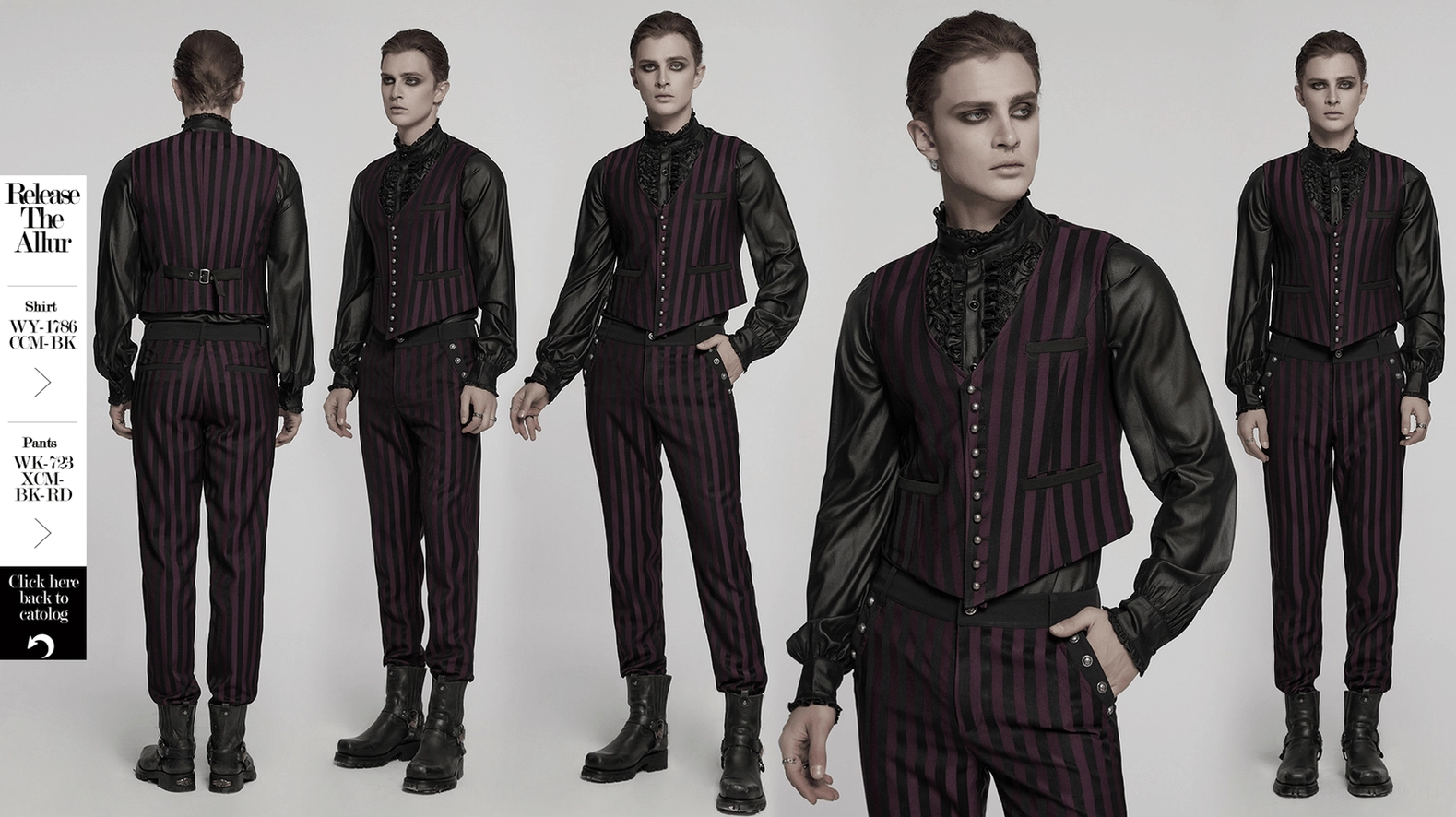 Black striped gothic waistcoat full body styling demonstration showing versatility for steampunk and gothic occasions