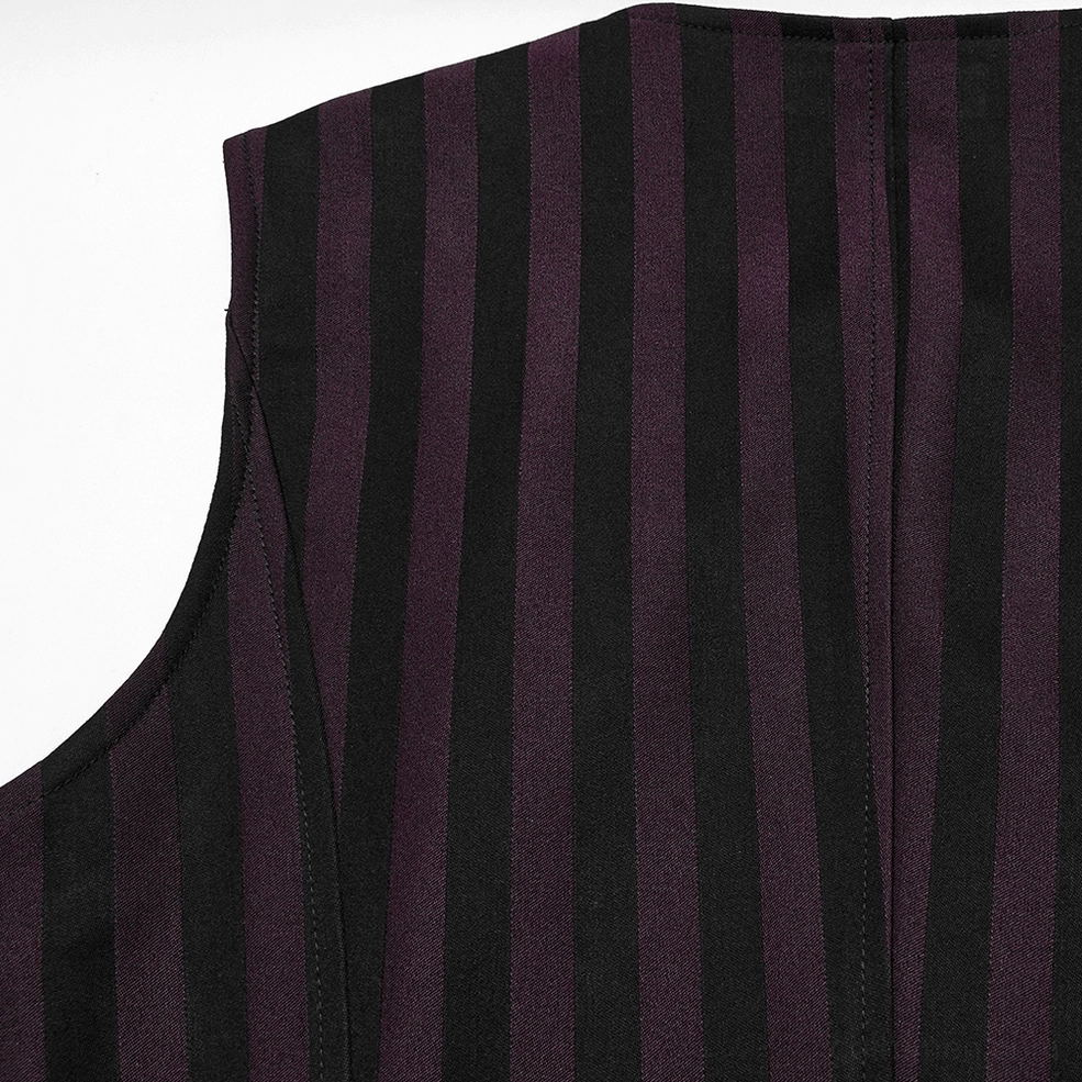 Black striped gothic waistcoat detail shot showing fabric quality, stripe alignment, and construction craftsmanship