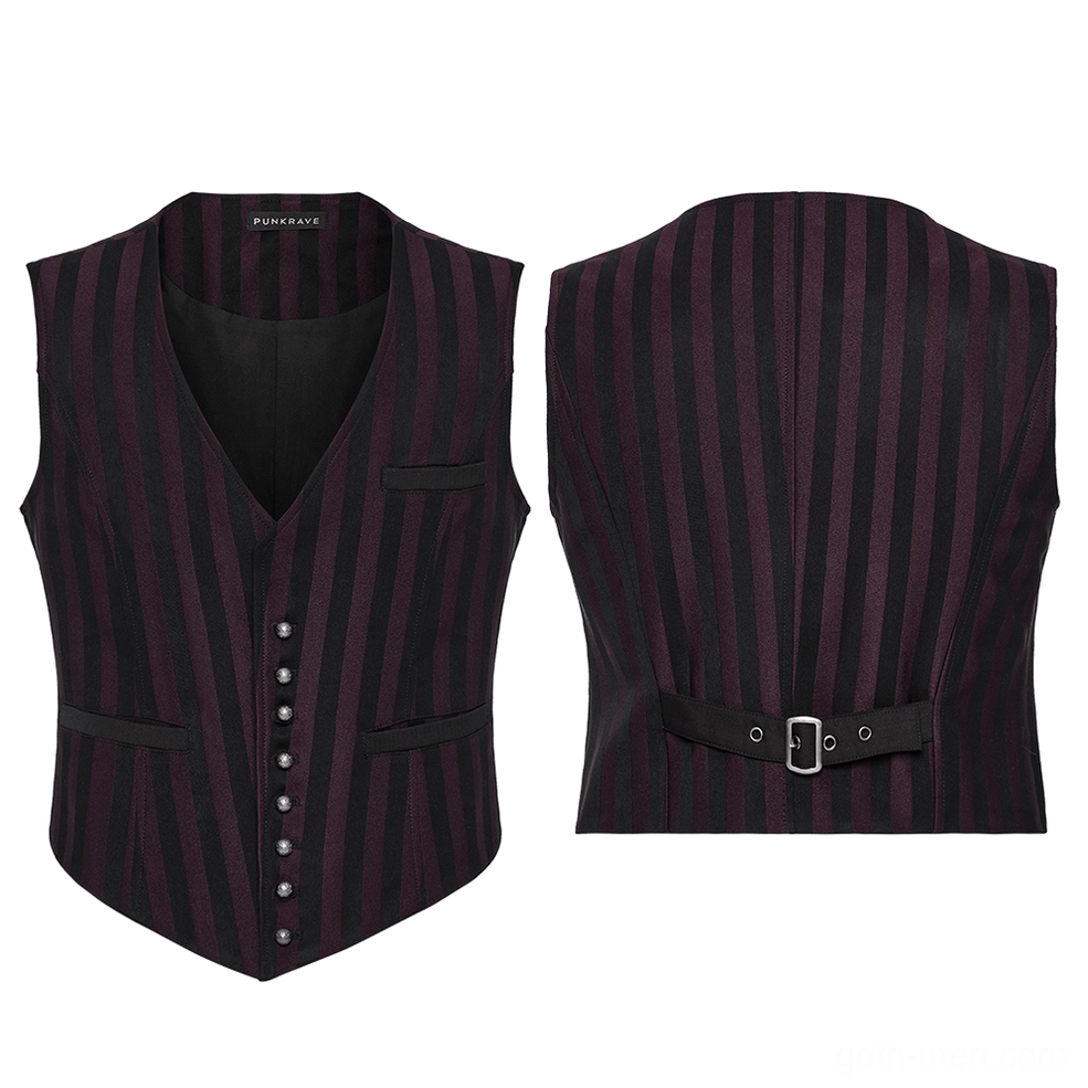 Black striped gothic waistcoat flat lay front and rear views showing stripe pattern, V-neck design, and button placket