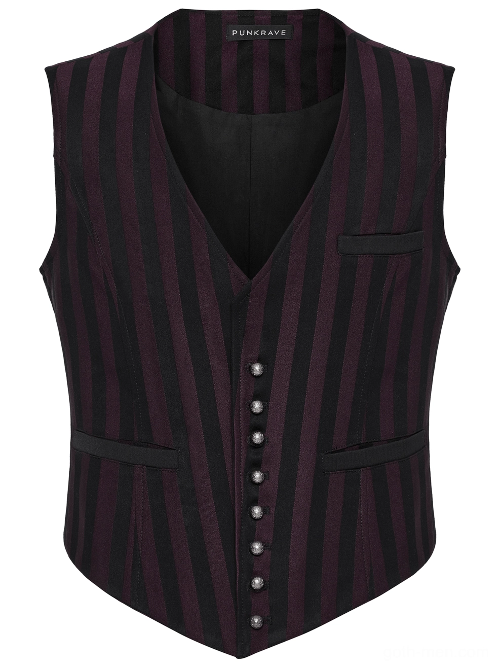 Black striped gothic waistcoat front flat lay view displaying V-neck, front button closure, and waist pockets