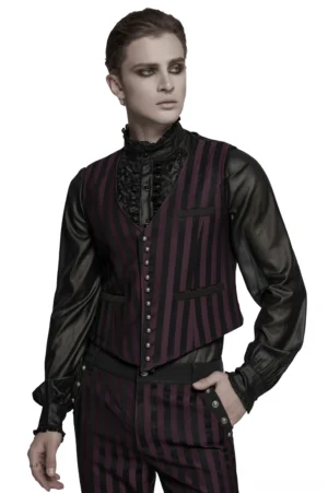 Black striped gothic waistcoat front three-quarter view on model with deep V-neck, carved metal buttons, and fitted silhouette