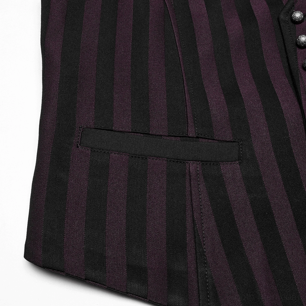 Close-up side view of black striped gothic waistcoat showing stripe pattern, tailored waist pocket, and stitching detail