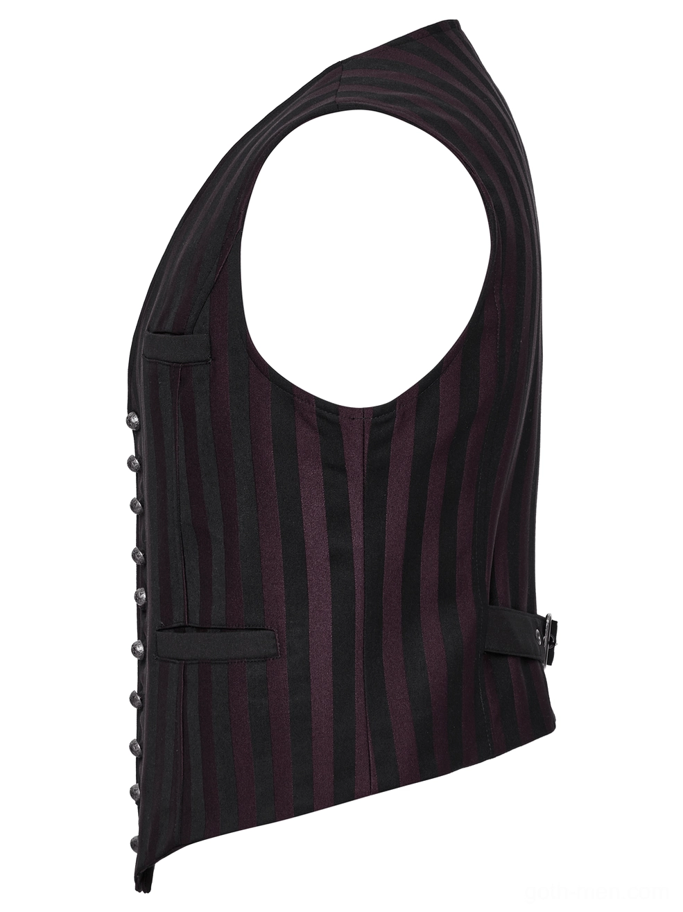 Black striped gothic waistcoat side flat lay view showing stripe pattern, adjustable rear buckle, and armhole construction