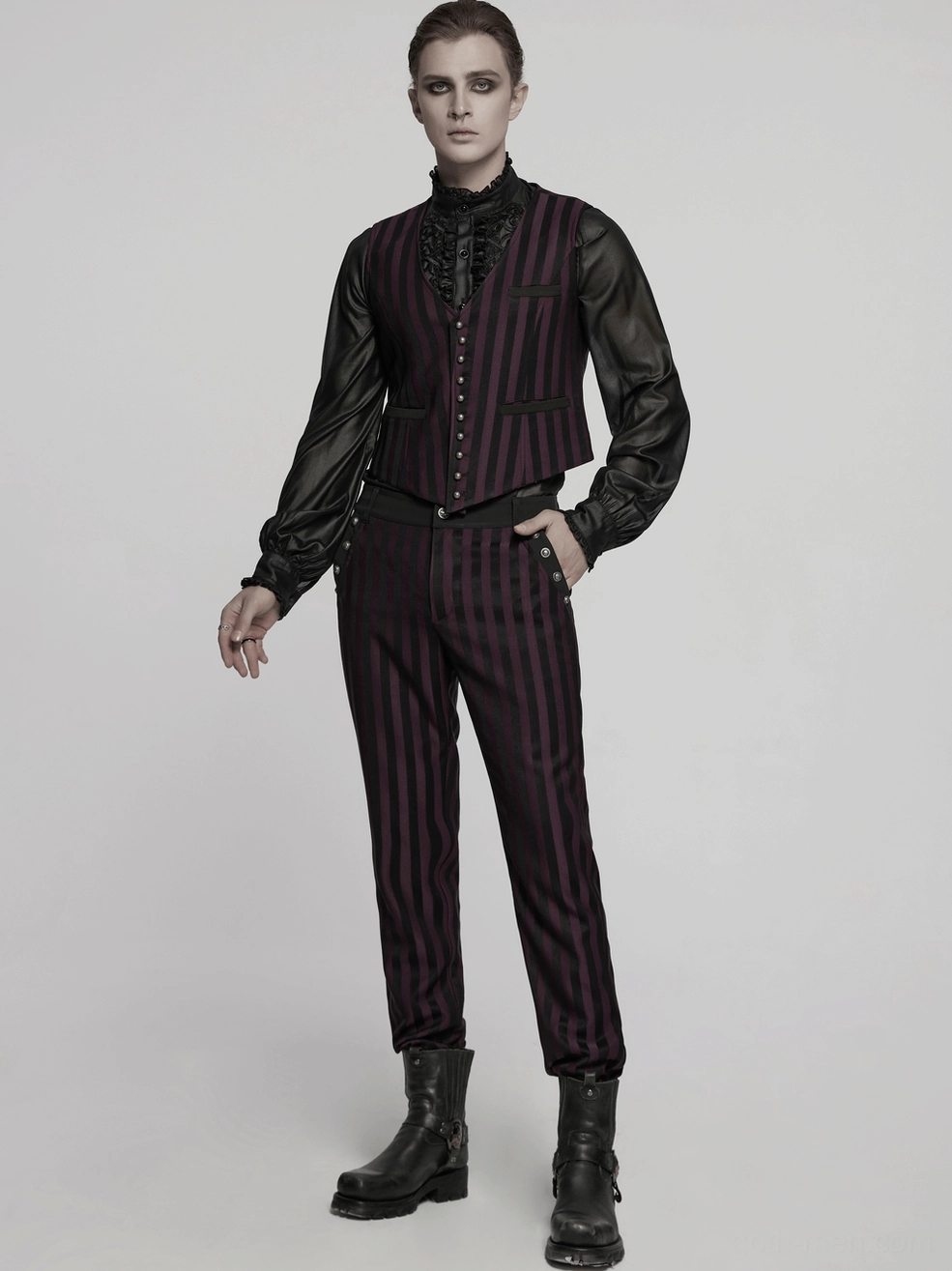 Black striped gothic waistcoat styled on model showing how to wear with alternative fashion and darkwear aesthetic