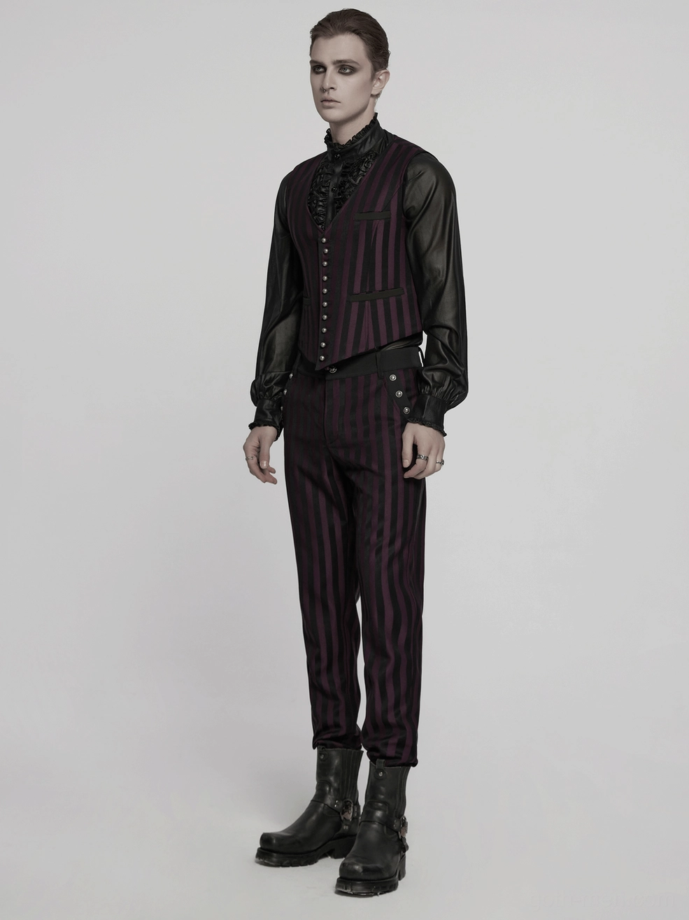Black striped gothic waistcoat V-neck and button placement detail showing carved metal buttons and neckline design