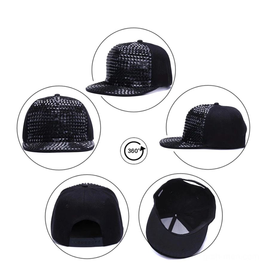 Gothic pyramid studded snapback cap showing reflective light play on metallic studs