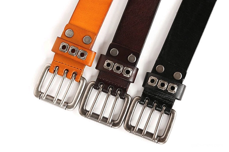 Three color variants of gothic studded belts - black dark brown burnt orange buckles and strap ends comparison