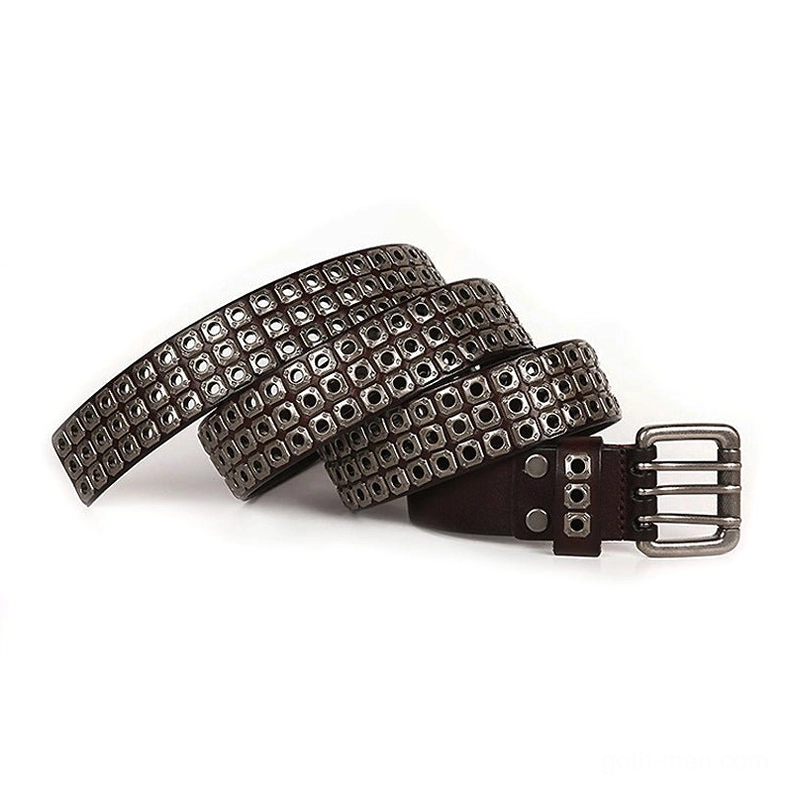 Gothic studded leather belt vintage silver buckle and dual grommet strap ends adjustable fit