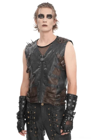 Men's gothic studded leather biker vest with skull zipper - front full-body view on male model, black-brown faux leather with metallic spikes