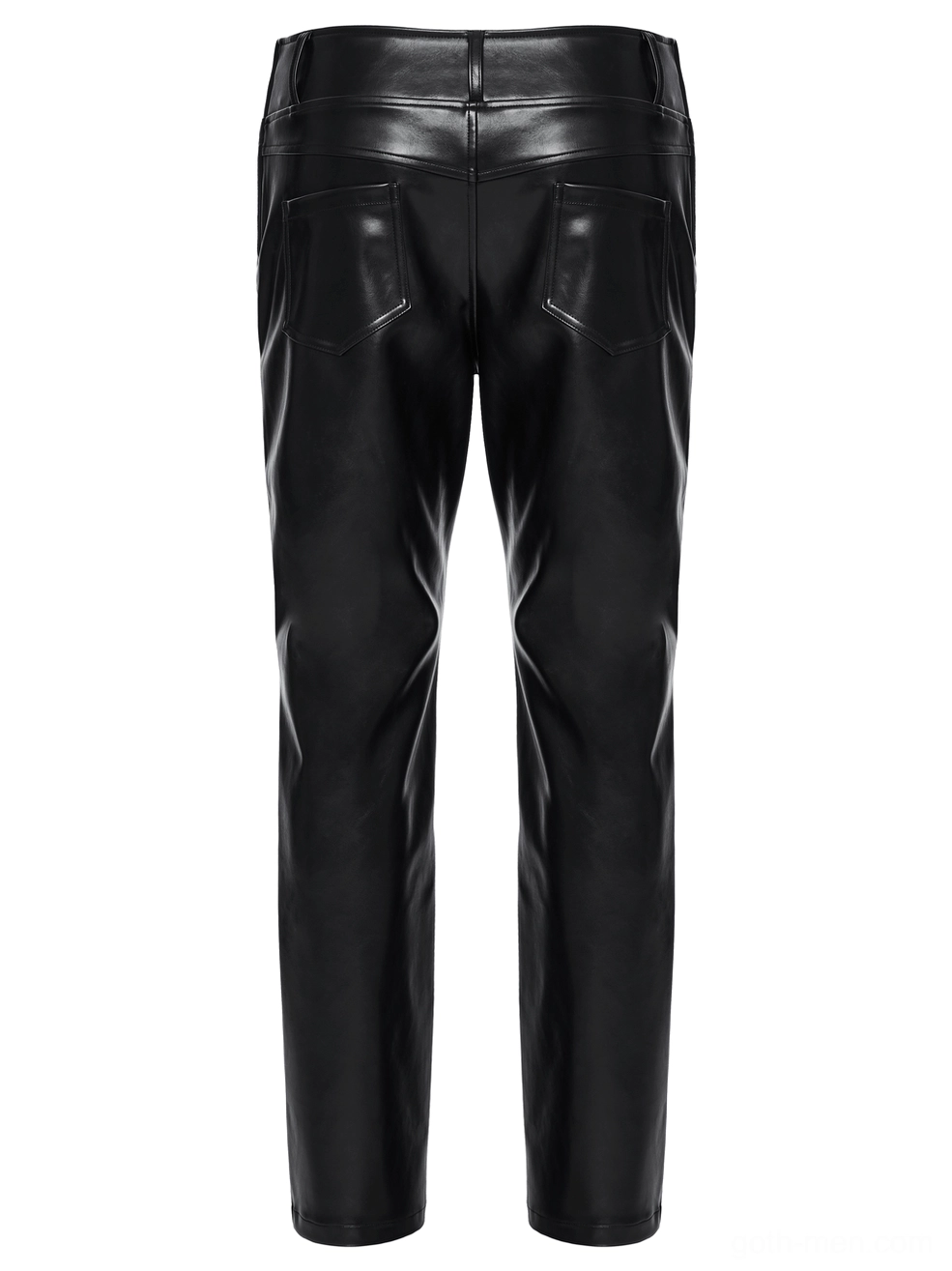 Gothic studded faux leather pants back view flat lay, showcasing rear patch pockets and stitching detail