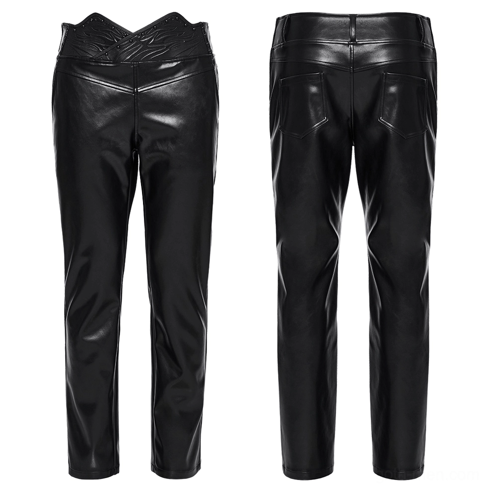 Black faux leather pants flat lay, front view showcasing 3D curved waistband with stud details