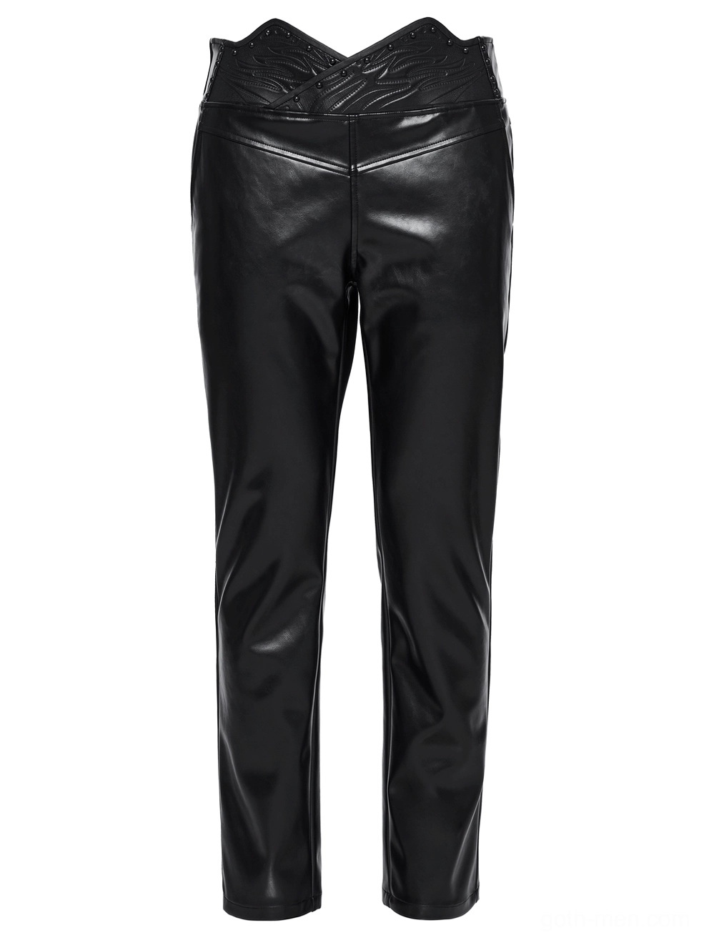 Gothic studded faux leather pants flat display, front panel with clean architectural seams
