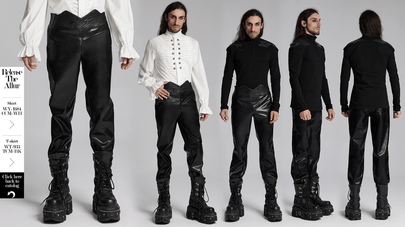 Black gothic studded faux leather pants presentation view, 3D curved waistband primary feature showcase