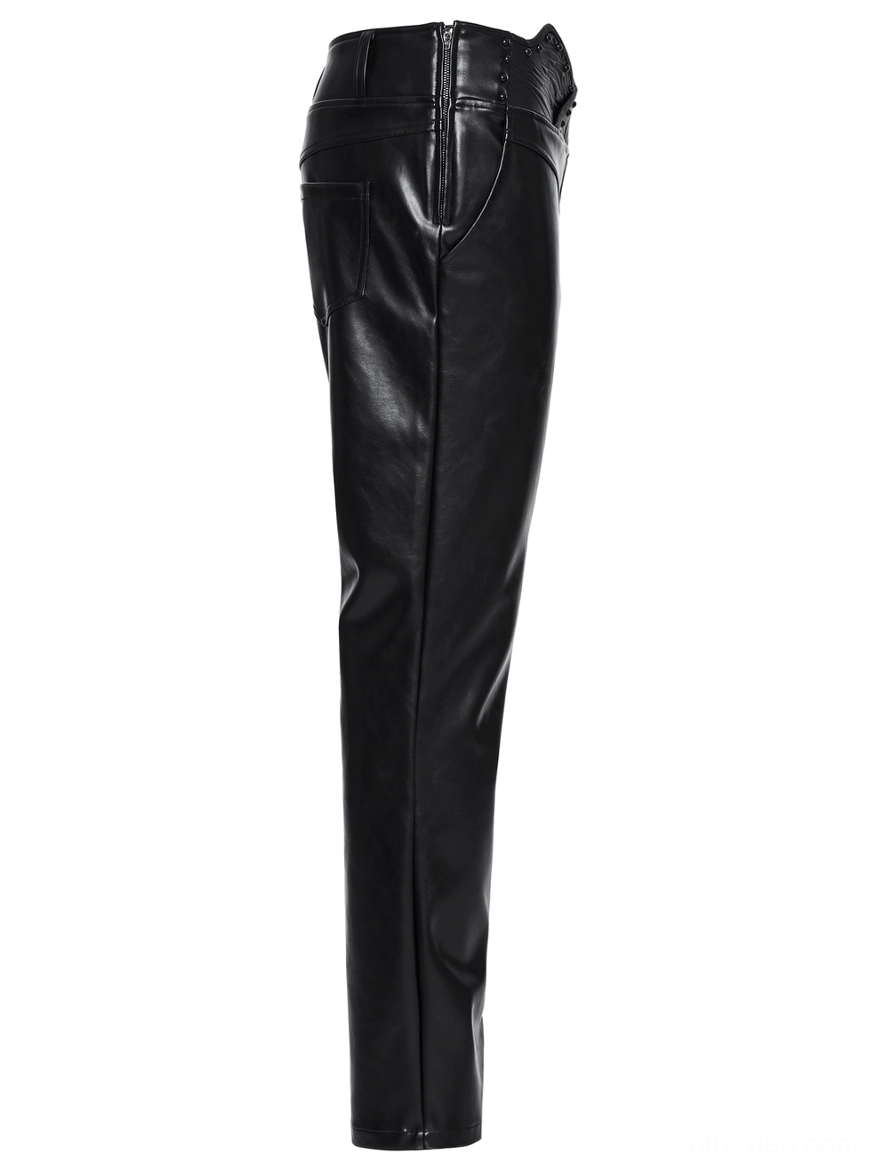Black faux leather pants side view flat lay, showing hidden zipper fly and tapered silhouette