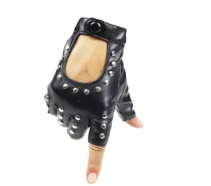 Single black gothic fingerless glove close-up worn on hand showing rivet decoration and leather texture