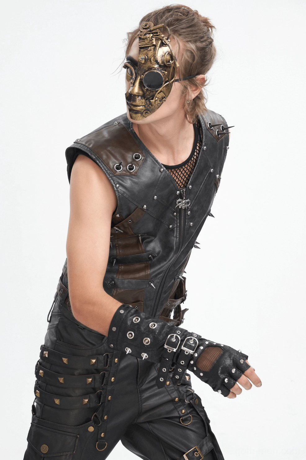 Gothic fingerless leather gloves product shot showing complete design with metal studs, adjustable buckles, mesh panels, and dark aesthetic