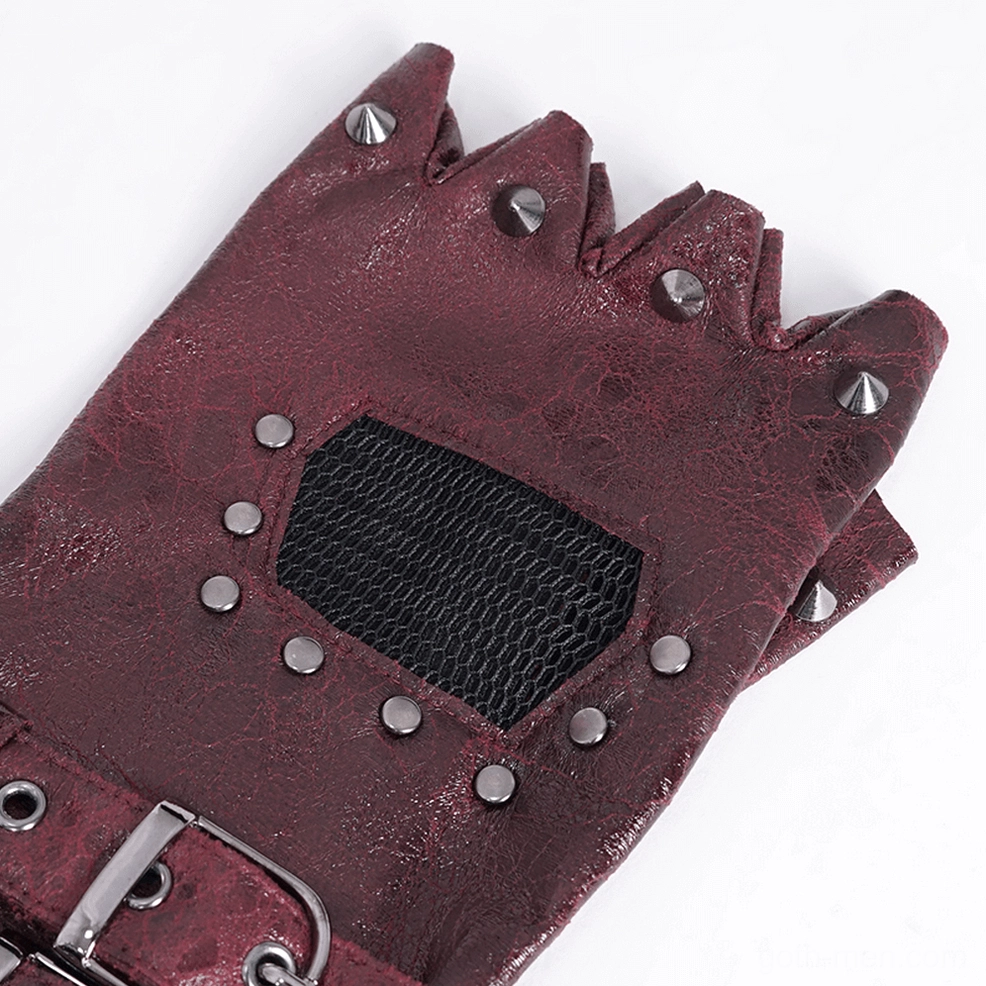 Gothic studded fingerless gauntlet gloves product photography showing overall construction, metal rivet placement, and burgundy leather color