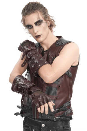 Gothic burgundy studded fingerless gauntlet gloves with metal buckles worn by male model with dark makeup, three-quarter view showcasing metal rivet details