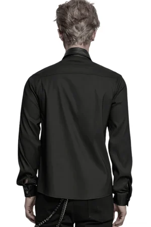 Black gothic studded leather patchwork shirt back view, displaying tailored slim fit and clean back design with chain accessory