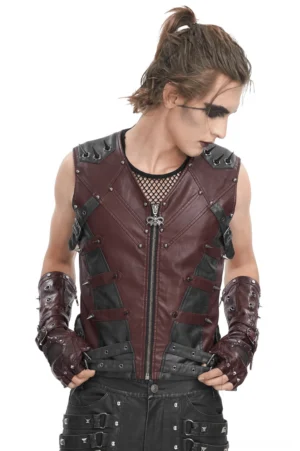 Men's gothic studded burgundy and black synthetic leather vest front left view with spike studs and skull zipper