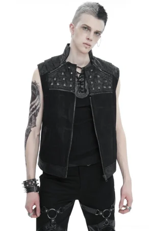 Mens gothic studded waistcoat front view on model with stand collar and front zip closure