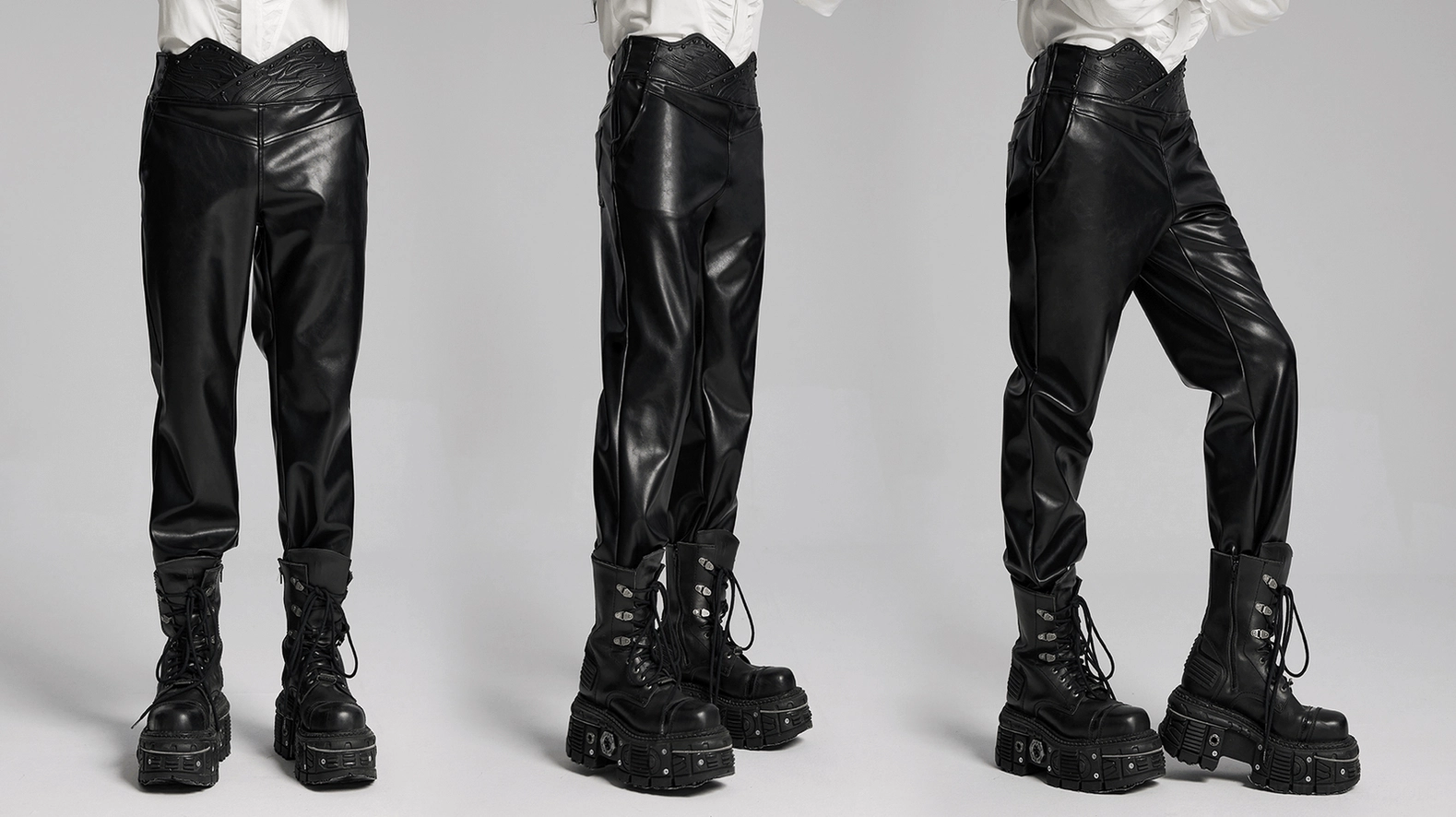 Black faux leather pants front diagonal view, showing pocket placement and overall architectural design