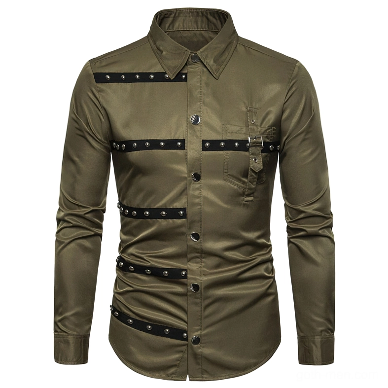 Army green gothic studded long sleeve shirt front view with metal stud chest detailing