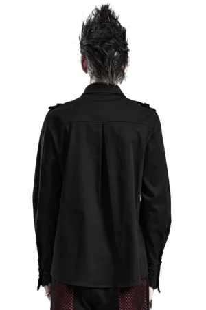 Black gothic punk long sleeve shirt rear full view on model, displaying back pleat design and fitted silhouette