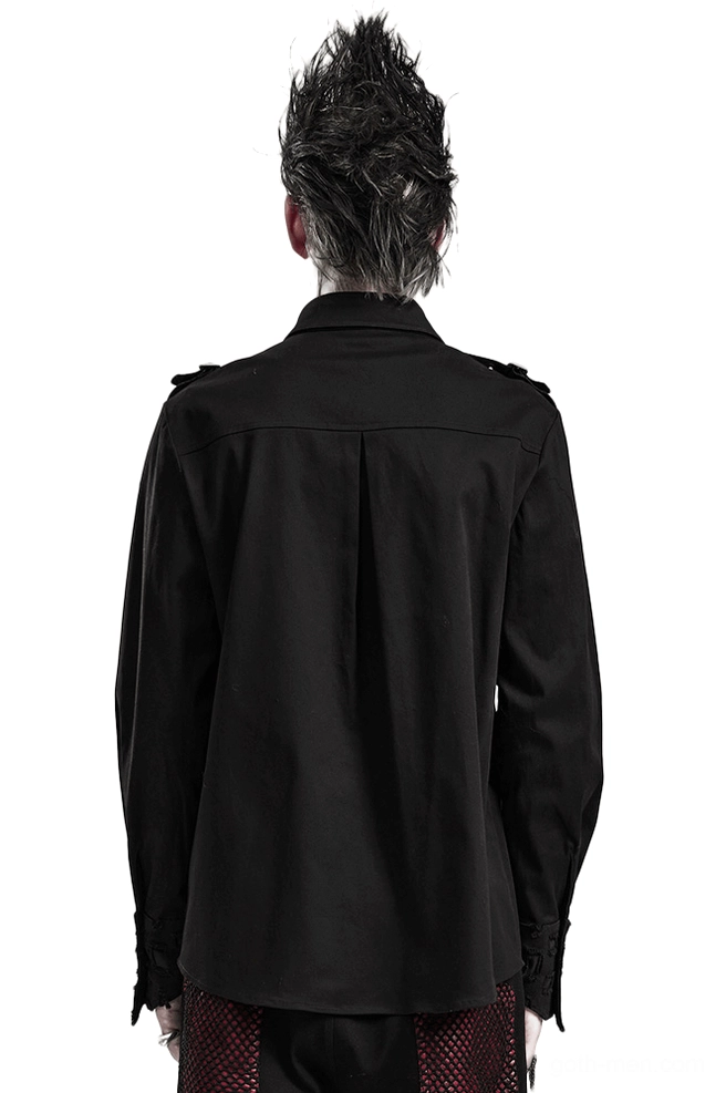 Black gothic punk long sleeve shirt rear full view on model, displaying back pleat design and fitted silhouette
