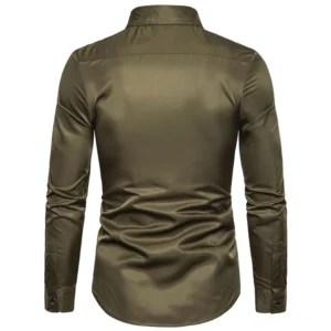 Dark gothic long sleeve shirt back perspective showing satin fabric finish