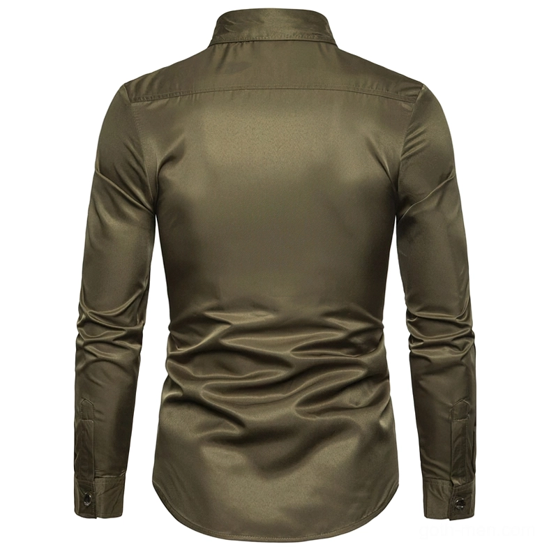 Dark gothic long sleeve shirt back perspective showing satin fabric finish