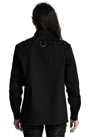 Black gothic twill shirt rear view showing back shoulder stud accents and D-ring details on male model