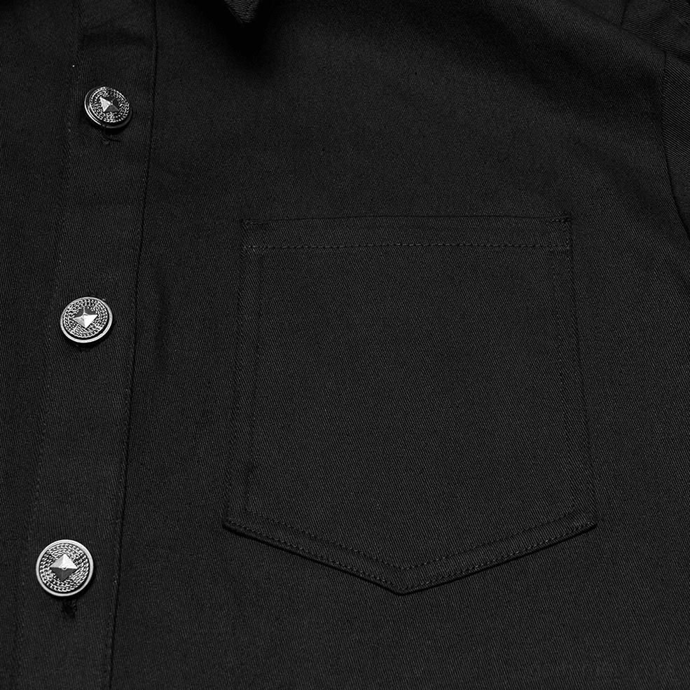 Black gothic shirt front detail showing round metal buttons and chest pocket