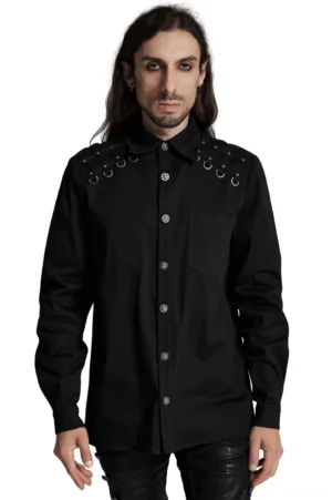 Black gothic studded twill shirt front view with metal D-ring shoulder hardware and snap buttons on male model