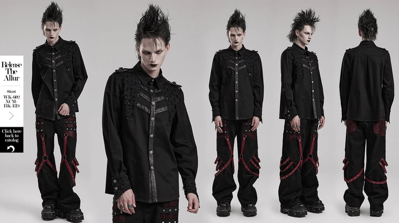 Black gothic long sleeve shirt material and construction detail showing premium fabric quality and studded embellishment craftsmanship