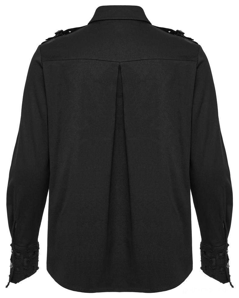 Black studded gothic shirt rear flat lay display, highlighting central back pleat, tailored fit, and buttoned cuffs