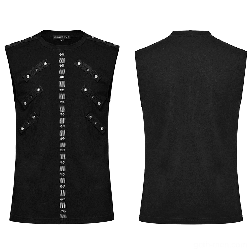 Flat lay front and back view of black studded mesh tank top showing stud detail and plain back