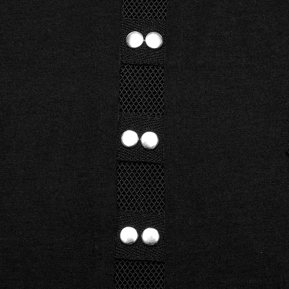 Front closure mesh strip detail showing paired silver studs on black knit tank