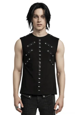 Black gothic studded mesh tank top front view on male model with silver stud straps