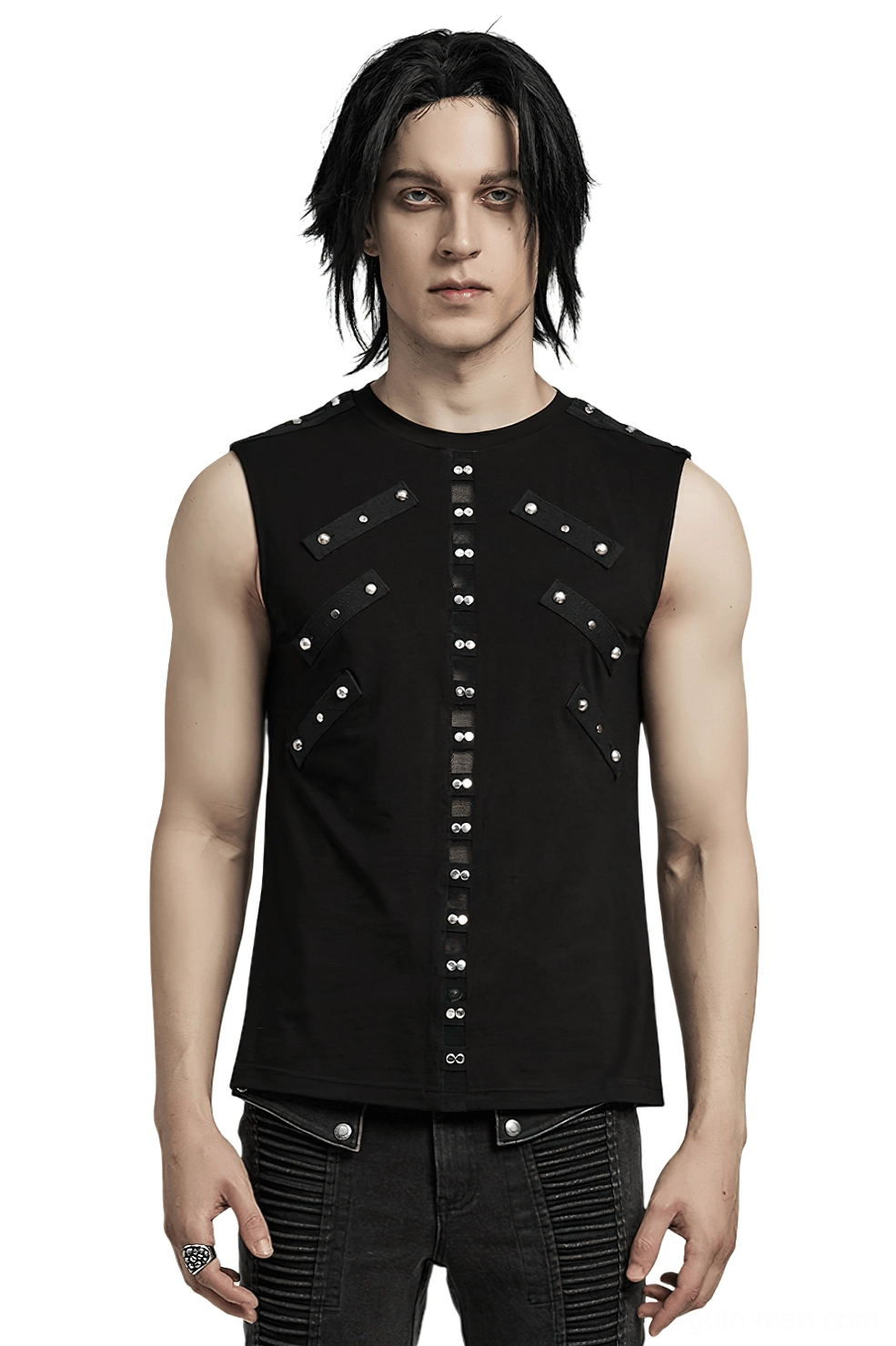 Black gothic studded mesh tank top front view on male model with silver stud straps