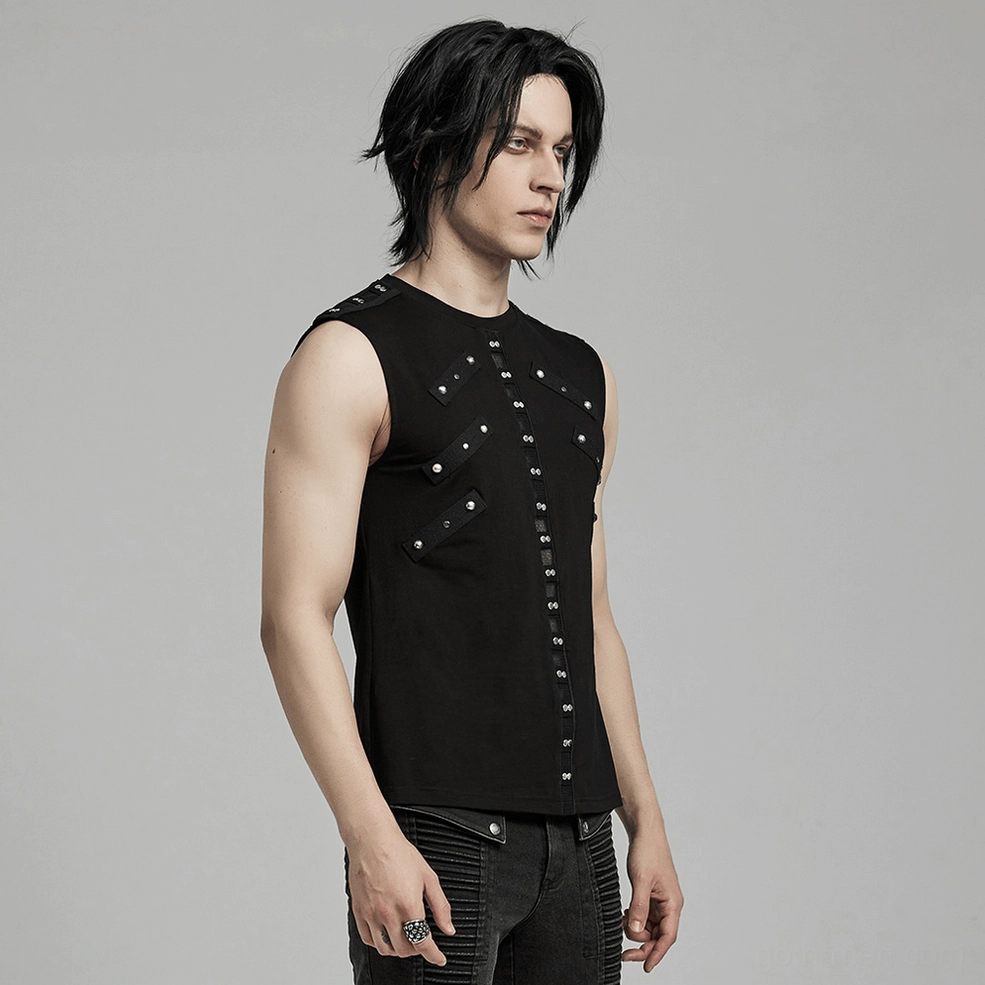 Side profile view of fitted black gothic studded tank top on male model