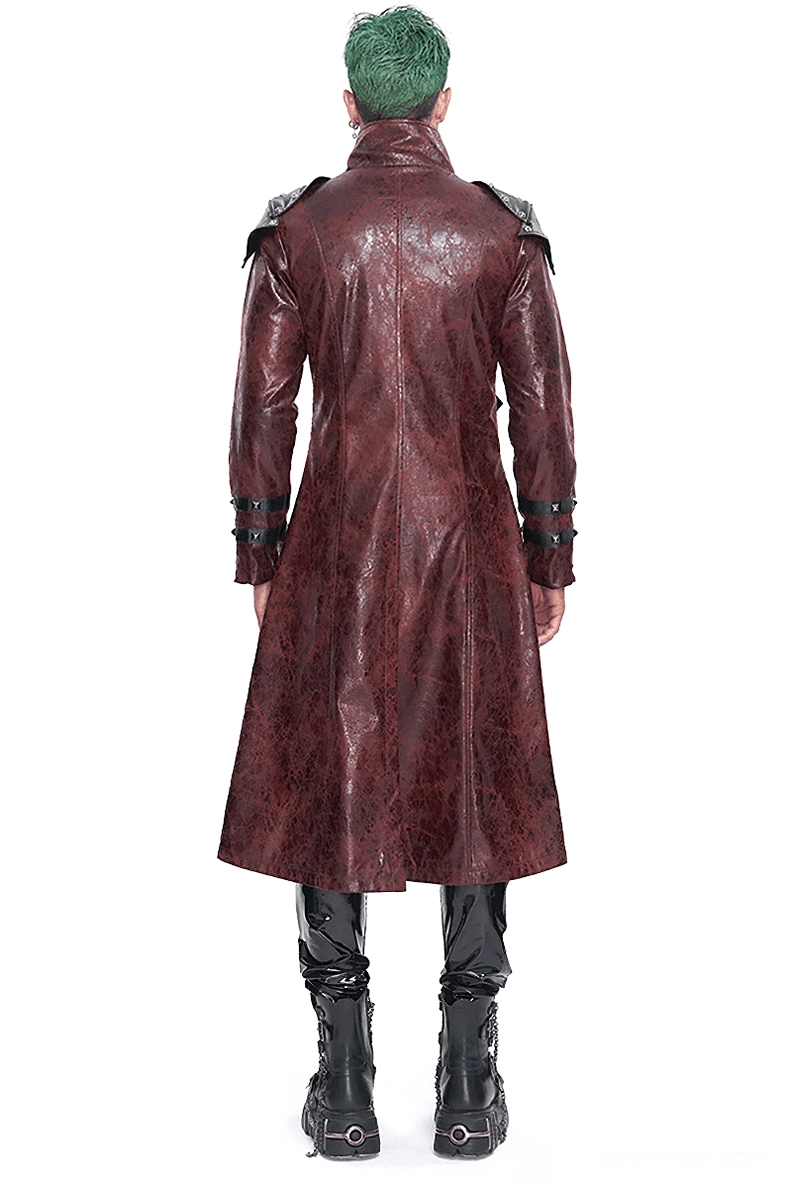 Burgundy gothic trench coat back view showing split hem and high stand collar with pyramid studs