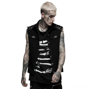 Black gothic studded twill sleeveless vest with metal hardware and frayed armholes, front view on tattooed male model